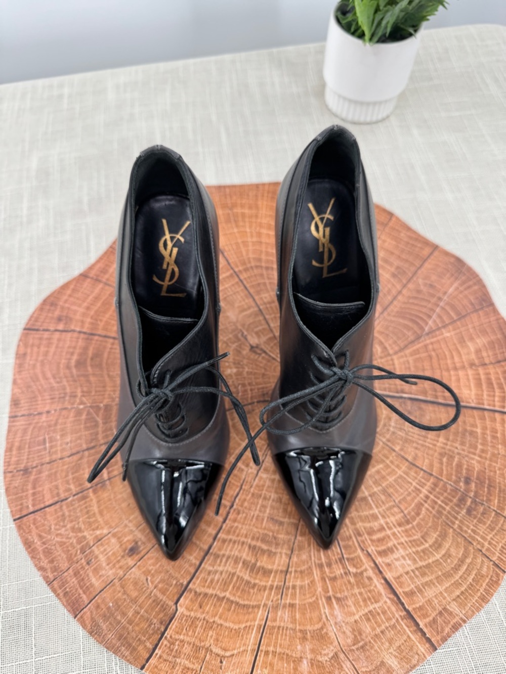 YSL Yves Saint Laurent Leather Oxford Heels Booties Black Patent Cap Toe Size 36 - Picture 2 of 12